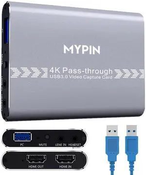 MYPIN 4K 60fps Audio Video HDMI Game Capture, Live Gamer Portable Pass-Through 4K Full HD 1080P 60fps USB3.0 Capture Card Ultra Low Latency Record Stream for Xbox, PlayStation, Nintendo Switch