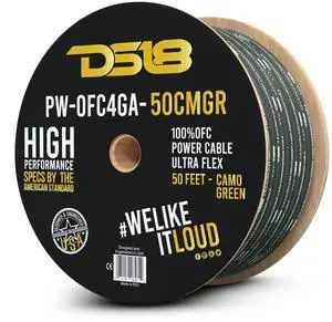 DS18 PW-OFC4GA-50CMGR 4-GA Ground Power Cable 50 Feet Camo Green - Ultra Flex 100% Oxygen Free Copper - Welding Battery Cable Wire, RV Automotive Wiring, Car Amp Audio Home Speaker Stereo