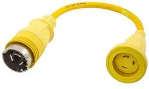 Hubbell Wiring Systems HBL61CM55 Molded Straight Adapter, 30A, 125V, 2P, 3W Twist-Lock Female end with 50A, 125V, 2P, 3W Twist-Lock Male end, Yellow