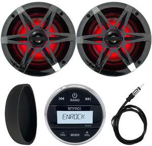 Enrock Marine Gauge Style Media Center Bluetooth USB AUX Receiver Bundle Combo with 2X 6.5 120W Waterproof 2-Way Coaxial Multicolor LED Speakers with Chrome Grilles, Radio Cover, Wired AM/FM Antenna