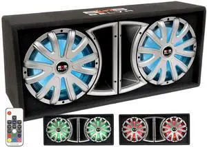 BELVA BLB212LED Dual 12-inch 1500W Loaded Ported Car Subwoofer with Multi-Color LED and Remote