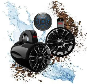 BOSS Audio Systems MG150T.4 Marine ATV UTV Waketower Speakers Gauge Receiver (Built-in 2 CH Amplifier) Package  IPX6 Weatherproof, Bluetooth Audio, No CD, USB, Aux-in, 4 Inch Speakers, 2 Way