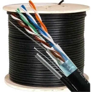 Vertical Cable Cat5e, 350 Mhz, Overall Shielded, UV Jacket, Outdoor, CMX, Messenger, 1000ft, Black, Bulk Ethernet Cable, Wooden Spool