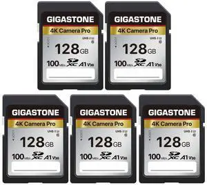 [5-Yrs Free Data Recovery] GIGASTONE 128GB 5-Pack SD Card, 4K Camera Pro, A1 V30 SDXC Memory Card 4K UHD Video Compatible with Canon Nikon Sony Panasonic Digital Camera, with 5 Mini Cases