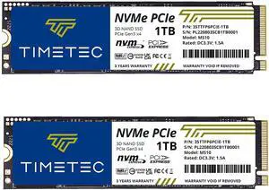 Timetec 1TBx2 (2 Pack) SSD NVMe PCIe Gen3x4 8Gb/s M.2 2280 3D NAND TLC 600TBW High Performance SLC Cache Read/Write Speed Up to 2,000/1,600 MB/s Internal Solid State Drive for PC Laptop and Desktop