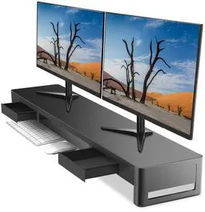 meatanty Dual Monitor Stand Riser with 2 Storage Drawers, Metal Computer Monitor Stand Monitor Shelf with Pull Out Drawer, Keyboard and Mouse Storage Desktop Organizer for PC,Laptop,iMac,TV,Printer