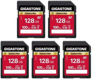 GIGASTONE 128GB 5-Pack SD Card, Camera Plus, A1 V30 U3 SDXC Memory Card High Speed UHD Video Compatible with Canon Nikon Sony Panasonic Digital Camera, with 5 Mini case