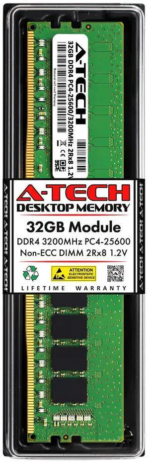 A-Tech 32GB DDR4 3200 MHz UDIMM PC4-25600 (PC4-3200AA) CL22 DIMM 2Rx8 Non-ECC Desktop RAM Memory Module