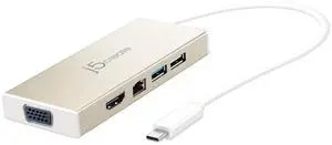 j5create USB-C 3.1 Mini Hub- USB 3.1/3.0/2.0| HDMI 1920 x 1200 @ 60 Hz/VGA 1920 x 1200 @ 60 Hz | Gigabit Ethernet | Compatible with USB C Devices