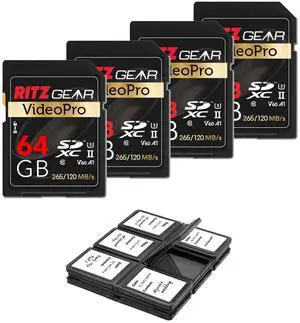 Ritz Gear Extreme Performance Video Pro 64GB 4K 8K Ultra HD SDXC U3 V60 A1 Memory Card 4-Pack (Read 265mb/s 120mb/s Write)