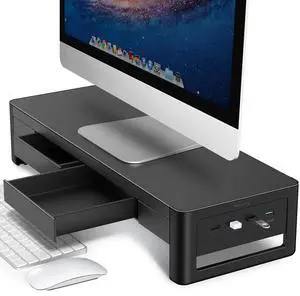 meatanty 2 in 1 Monitor Stand Riser with 2 Storage Drawers and 4 USB Ports, Metal Computer Monitor Stand Supports Transfer Data and Charging, Desk Organizer for PC,Laptop,iMac (21 inches)
