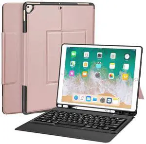 Sounwill for iPad Pro 12.9 Case with Keyboard Compatible for iPad Pro 12.9" 2015/2017, Ultra-Thin PU Leather Silicon Rugged Shock Keyboard Stand Case & Pencil Holder (Not Fit for 2018 iPad)-Rose Gold