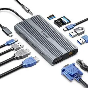 Docking Station USB C to Dual HDMI Adapter, ORICO 12 in 1 USB C Hub with Dual HDMI, VGA, 100W PD, Ethernet, 2 USB-A 3.1, 1 USB 2.0, 1 Type-C 3.1, SD/TF, Audio, Compatible for Windows/Mac OSGrey