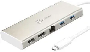 j5create USB-C Mini Dock- Type C Hub with 2X HDMI, 2X USB 3.0, Ethernet, Power Delivery 2.0 (JCD381)