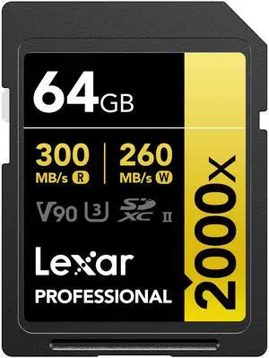 Lexar 64GB Professional 2000x SD Card, UHS-II, C10, U3, V90, Full HD, 8K, Up To 300MB/s Read SDXC Memory Card, for DSLR, Cinema-Quality Video Cameras (LSD2000064G-BNNNU)