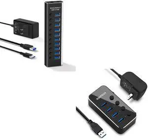 Rosonway 10 Port USB 3.1 Hub 10Gbps + RSHTECH 4 Port Powered USB 3.0 Hub