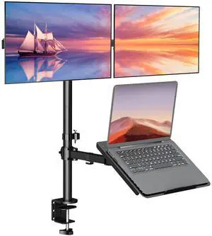 WALI Dual Monitor Stand, Laptop and Monitor Stand for 2 Screen 1 Laptop Notebook, Extra Tall Desk Mount for Monitor up to 27 inch, Notebook up to 17 inch (M002XLLP), Black