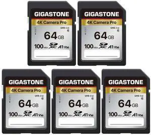 [5-Yrs Free Data Recovery] GIGASTONE 64GB 5-Pack SD Card, 4K Camera Pro, A1 V30 SDXC Memory Card 4K UHD Video Compatible with Canon Nikon Sony Panasonic Digital Camera, with 5 Mini Cases