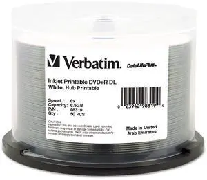 Verbatim 98319 DVD+R Dual Layer Recordable Disc, 8.5GB, 8X, Printable, Spindle, 50/Pk