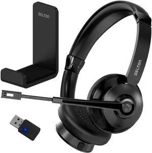 Delton 30X Bluetooth Computer Headset with Noise Canceling Mic, HiFi Stereo Sound, Headset Stand & Auto Pair USB Dongle for PC, Laptop, MacBook & Compatible with MS Team, Google Meet and More - Black
