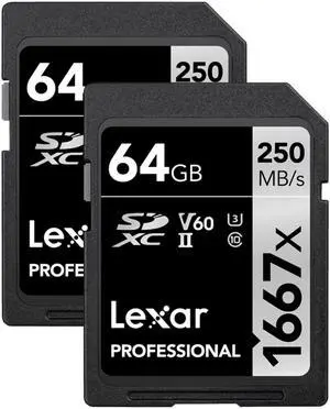 Lexar 64GB (2-Pack) Professional 1667x SD Card, UHS-II, C10, U3, V60, Full HD, 4K, Up To 250MB/s Read SDXC Memory Card, for Professional Photographer, Videographer, Enthusiast (LSD64GCBNA16672) Lexar 64GB (2-Pack) Professional 1667x SD Card, UHS-II, C10, U3, V60, Full HD, 4K, Up To 250MB/s Read SDXC Memory Card, for Professional Photographer, Videographer, Enthusiast (LSD64GCBNA16672)