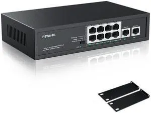 8 Port Full Gigabit PoE+ Switch with Rack Mount Ears, with 2 Gigabit Uplink Ports Up to 30W Per Port, Total Budget 120W, 48 Volt 802.3af/at Compliant, Compatible with PoE IP Cameras VOIP Phones