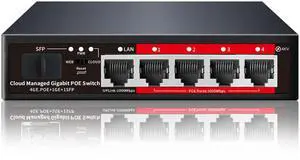 Poe Switch, 5 Port Gigabit PoE+ Switch, Cloud Managed Gigabit Ethernet Switch, 4 Poe Ports @52W, 1 Uplink Ports, 1 SFP Slot, APP Smart Managed, Overload Protection w/ Port