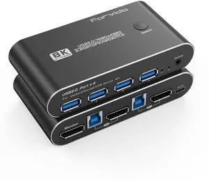 8K KVM Switch DisplayPort 144Hz 240Hz - Dual Monitor Switcher for 2 PC 1 Keyboard, 4K@60Hz with Thunderbolt 4 Support for GamingAudio & 4 Port USB 3.0 Hub