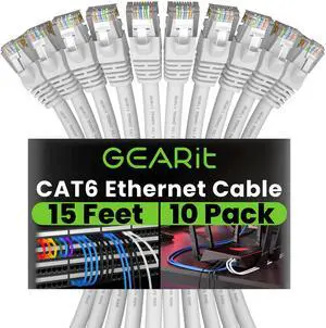 GEARit Cat 6 Ethernet Cable (10-Pack 15 Feet) Cat6 Network Patch, 10Gbps, RJ45, Snagless Cord, Gold-Plated Connectors, Internet for PC, TV, Tablet, Router, Printer, Servers, IT Data Center - White