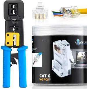 Bundle  2 items: RJ45 Crimp Tool + 100 Pack of Cat6 Pass Through Connectors.