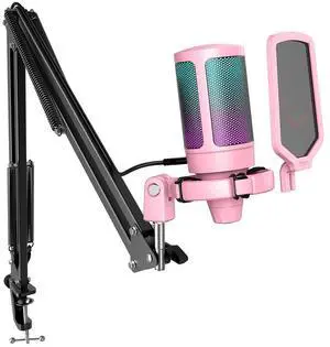 FIFINE Gaming USB Microphone Kit, PC Streaming Recording Computer RGB Microphone Set for Podcasting, Singing, YouTube, Condenser Cardioid Mic with Quick Mute, Gain Knob-A6T Pink