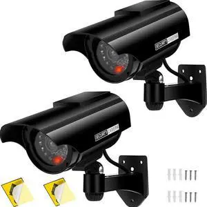 PreZiouz Solar Powered Fake Security Cameras, Bullet Dummy Security Camera, Simulated Surveillance Camera with Flashing Light and CCTV Stickers for Home Businesses Indoor/Outdoor (2 Packs, Black)