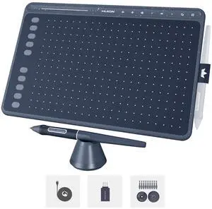 HUION HS611 Graphics Drawing Tablet Android Support Digital Art Tablet with Battery-Free Stylus 8192 Pen Pressure Tilt 8 Multimedia Keys 10 Hot Keys and Touch Ring, 10x6 inch Drawing Pad, Space Grey