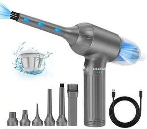 RealPlus 4 in 1 Compressed Air Duster & Vacuum Cleaner & Pump, 12000Pa 7500mAh 3 Speeds Rechargeable Brushless Electric Duster, Cordless Air Blower with LED Light for Keyboard Computer PC Car