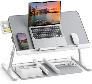 SAIJI Laptop Bed Tray Table, Adjustable PVC Leather Laptop Bed Table, Portable Standing Desk with Storage Drawer, Foldable Lap Tablet Table for Sofa Couch Floor (Gray)