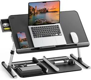 SAIJI Laptop Bed Tray Table, Adjustable PVC Leather Laptop Bed Table, Portable Standing Desk with Storage Drawer, Foldable Lap Tablet Table for Sofa Couch Floor (Dark Black)