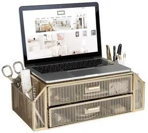 Blu Monaco Gold Monitor Stand with Drawer  Computer Monitor Riser with Storage  Laptop Stand for Desk with Storage - Laptop organizer - Desk Organizer with Drawers