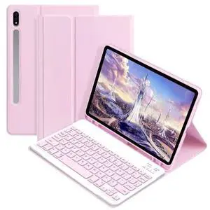AnMengXinLing Galaxy Tab S9FE/S9/S8/S7 Tablet Case with Keyboard, Candy Colors Slim Protective Cover with Magnetic Detachable Keyboard with S Pen Holder for Galaxy Tab S9 11"/S9 FE 10.9"Pink