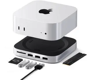 Satechi Mac mini M4 Hub & Stand with NVMe SSD Enclosure, Mac mini M4 Dock with 2xUSB A 10Gbps, USB A Data Port, SD Card Reader for Mac mini M4, Mac mini M4 Pro - Silver