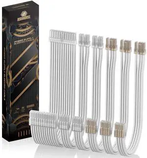 AsiaHorse PSU Cable Extension Kit of Clear Connector, 24Pin/4+4 EPS/6+2 PCI-E 16AWG ATX Power Supply Sleeved Cable Kit for Two-Way CPU Performance, 30CM Length with White Combs