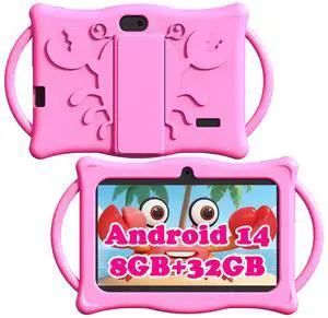 Android 14 Kids Tablet 7 inch Tablets for Kids, 8GB RAM 32GB ROM Quad Core Toddler Tablet with Shockproof Case, Parental Control, WiFi, Bluetooth, 3000mAh Battery, Dual Camera, Educational, Game, Pink
