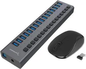 Sabrent 16-Port USB 3.0 Data HUB and Charger with Individual switches + Mini Travel 2.4GHz Wireless Mouse with Nano Receiver