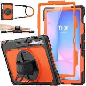 SEYMAC stock Case for Samsung Galaxy Tab S10 FE+ Plus 5G Tablet Case 13.1'' Protective with Screen Protector, Pencil Holder, 360 Rotating Stand, Hand Strap, Shoulder Strap, Orange