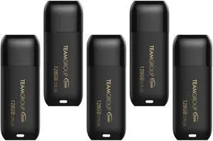 TEAMGROUP C175 128GB 5 Pack USB 3.2 Gen 1 (USB 3.1/3.0) Read 100MB/s Flash Thumb Drive, External Data Storage Memory Stick Compatible with Computer/Laptop Matte Black TC1753128GB21