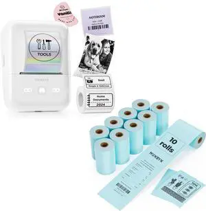 MUNBYN FM226 2 Inch Label Maker with 1 Roll White Label + 10 Rolls Receipt Paper