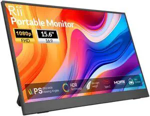 Rii Portable Monitor, 15.6 1080P FHD USB-C HDMI,Ultra-Slim IPS HDR Display with Kickstand and Built-in Speaker, Travel Monitor for Laptop/PC/Phone/Mac/Xbox/Switch/PS4/PS5, VESA Mountable