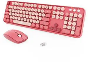 Wireless Keyboard and Mouse Combo, 2.4 GHz Full-Sized Typewriter Keyboard and Mouse Wireless with Round Keycaps for Windows, Computer, Desktop, PC, Laptop (BerryPink)