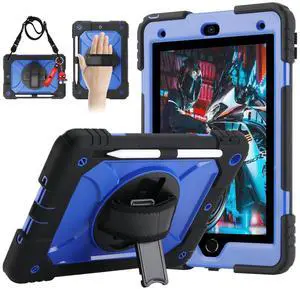 for iPad 9th/8th/7th Generation Case,iPad 10.2 Case 2021/2020/2019, with Cute Key Chain, Rugged Protective Case with 360°Rotating Stand & Shoulder Hand Strap & Pen Slot for 10.2 Inch (Black+Blue)