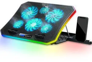 TopMate C12 Laptop Cooling Pad RGB Gaming Notebook Cooler for Desk and Lap Use, Laptop Fan Stand 8 Adjustable Heights with 6 Quiet Fans and Phone Holder, for 15.6-17.3 Inch Laptops-Ice Blue LED Light