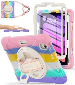 BRAECNstock Kids Case for Apple iPad mini 7 (A17 Pro) 2024/ Mini 6 8.3" Shockproof Protective iPad mini 7th/6th Gen Case with Screen Protector Pen Holder [Rotating Stand+Hand Strap], Colorful Pink
